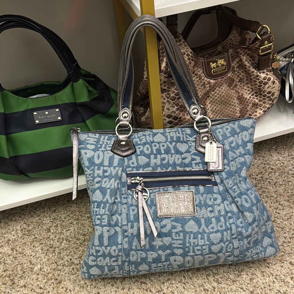 Coach Poppy Blue and Gray Tote Bag with Signature Monogram - Picture 1 of 1